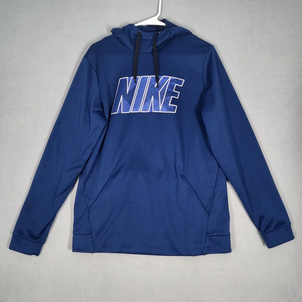 Nike Hoodie Mens Medium Blue Dri-FIT Pullover‎ Sweatshirt Graphic Logo